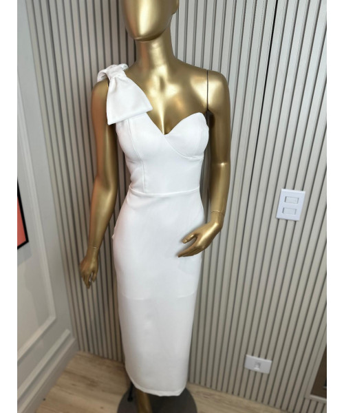 Vestido Midi Com Decote Assimétrico Romantic Off-White